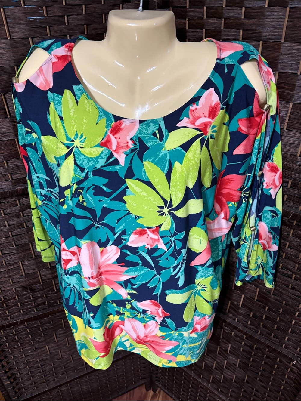 Ruby Rd. Tropical Floral Cold-Shoulder Tunic in Navy, Pink & Lime
